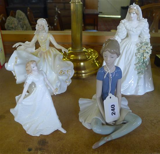Coalport limited edition figure, Diana Princess of Wales, on wooden plinth, Lladro ballerina & 2 Royal Doulton figurines